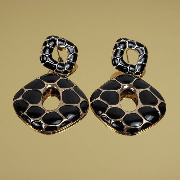 Gold-Tone Black Enamel Drop Earrings 2.5 In Pierced Post Leopard Print Pebble - Picture 1 of 10